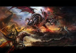  1boy armor barding battle commentary_request dragon hayaken_sarena horse horseback_riding letterboxed multiple_heads original pegasus photoshop_(medium) riding sword weapon 