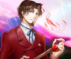  1boy blue_eyes brown_hair cane commentary_request demon_horns facial_hair fate/zero fate_(series) fire formal gem goatee horns male_focus momopanda solo suit tohsaka_tokiomi 