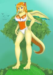  anthro avian bikini bird blonde_hair blue_eyes blush breasts clothing dragon female flammie grass hair hi_res lovely mana mana_(series) manabeast mythological_creature mythological_scalie mythology non-mammal_breasts outside panties plant samtino scalie secret solo square_enix swimwear tree underwear wings 