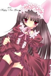  animal_ears bad_id bad_pixiv_id black_hair bow bow_panties dress female gothic_lolita himemiya_niina lolita_fashion long_hair new_year original panties rabbit_ears red_eyes red_panties solo thighhighs underwear 