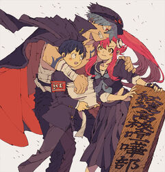  2boys bad_id bad_pixiv_id banchou check_translation delinquent female gakuran grin hat jacket jacket_on_shoulders kamina_(ttgl) kotake_(tuvaru) long_hair long_skirt multiple_boys paper photoshop_(medium) ponytail red_hair school_uniform serafuku sign simon_(ttgl) skirt smile tengen_toppa_gurren_lagann translated translation_request yoko_littner 