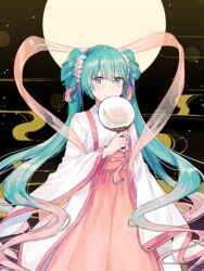  aqua_eyes aqua_hair blush chinese_clothes chuushuu_meigetsu_miku closed_mouth commentary_request duijin_ruqun female flower full_body hagoromo hair_between_eyes hair_flower hair_ornament hand_fan hanfu hatsune_miku high-waist_skirt holding holding_fan long_hair long_sleeves looking_at_viewer pink_skirt shawl skirt sleeves_past_wrists smile solo tiny_(tini3030) tuanshan twintails very_long_hair vocaloid white_flower wide_sleeves 