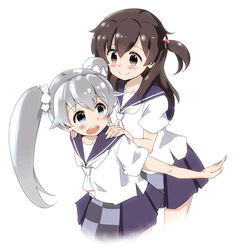  2girls :d blue_eyes blue_skirt brown_eyes brown_hair closed_mouth commentary_request cropped_legs grey_hair hair_between_eyes hair_ornament hair_scrunchie kominato_ruuko leaning_forward long_hair looking_at_another multiple_girls neckerchief one_side_up open_mouth outstretched_arm pleated_skirt rocha_(aloha_ro_cha) school_uniform scrunchie selector_wixoss serafuku shirt short_sleeves simple_background skirt smile tama_(wixoss) twintails white_background white_shirt wixoss 