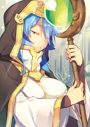  alisa_(sennen_sensou_aigis) bad_id bad_pixiv_id blue_hair breasts closed_eyes female highres hood katou_itsuwa large_breasts sennen_sensou_aigis short_hair solo staff upper_body 