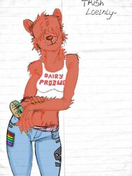  2018 3:4 absurd_res anthro bangs bear belly bottomwear clothing crop_top denim denim_bottomwear denim_clothing digital_media_(artwork) english_text female fur hair hair_over_eyes harpseal hi_res jeans lgbt_pride mammal midriff nails pants patch_(fabric) pockets pride_color_patch pride_colors rainbow_pride_colors red_body red_fur shirt short_ears six-stripe_rainbow_pride_colors smile solo standing text topwear trishia_loelnly 