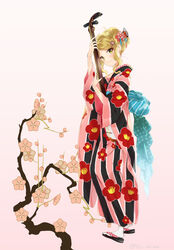  blonde_hair closed_mouth commentary_request earrings female floral_background floral_print flower from_side full_body furisode gradient_background hair_ornament hairclip holding holding_instrument instrument japanese_clothes jewelry kimono long_hair long_sleeves miyabi_akino nadeshiko_doremisora nekoma_miya obi paw_hair_ornament pink_background sandals sash shamisen smile solo standing striped_clothes striped_kimono stud_earrings tabi twitter_username vertical-striped_clothes vertical-striped_kimono white_background wide_sleeves yellow_eyes zouri 