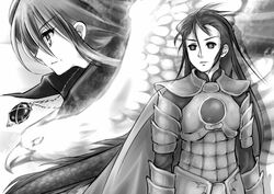  1boy alastor_(shakugan_no_shana) armor bird commentary_request female greyscale jewelry long_hair monochrome pendant piku sairei_no_hebi sakai_yuuji shakugan_no_shana shana spoilers 