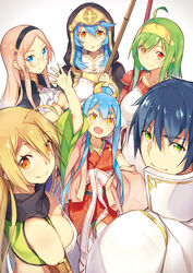  1boy 5girls alisa_(sennen_sensou_aigis) bad_id bad_pixiv_id blonde_hair blue_eyes blue_hair breasts carrie_(sennen_sensou_aigis) cleavage glasses green_eyes green_hair hairband highres hood kaguya_(sennen_sensou_aigis) katie_(sennen_sensou_aigis) katou_itsuwa long_hair looking_at_viewer medium_breasts multiple_girls open_mouth orange_eyes pink_hair prince_(sennen_sensou_aigis) red_eyes scarf sennen_sensou_aigis short_hair smile soma_(sennen_sensou_aigis) staff yellow_eyes 