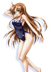  armpits ashford_academy_swimsuit barefoot brown_hair code_geass commentary_request female green_eyes long_hair one-piece_swimsuit roura school_swimsuit shirley_fenette solo swimsuit 