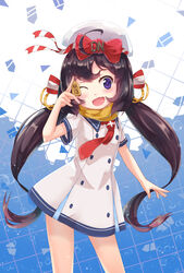  ;d absurdres ahoge antonio_da_noli_(warship_girls_r) beret black_hair board_game chinese_commentary commentary_request female hair_ornament hair_ribbon hat highres ice_laozei long_hair looking_at_viewer oerba_yun_fang one_eye_closed open_mouth photoshop_(medium) purple_eyes ribbon ryuuou_no_oshigoto! school_uniform shogi smile solo twintails warship_girls_r 