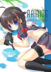  ahoge black_hair black_socks blue_eyes braid breasts commentary_request cover cover_page doujin_cover female hair_flaps hair_ornament kantai_collection long_hair looking_at_viewer lying medium_breasts nakada_rumi navel pleated_skirt school_uniform serafuku shigure_(kancolle) shigure_kai_ni_(kancolle) single_braid skirt smile socks solo turret underboob 