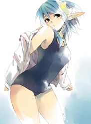  ahoge bad_id bad_pixiv_id blue_eyes blue_hair crescent crescent_hair_ornament female hair_ornament hairclip hidaka_ryou highres one-piece_swimsuit photoshop_(medium) pointy_ears rena_lanford school_swimsuit short_hair simple_background solo star_ocean star_ocean_the_second_story swimsuit white_background 