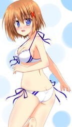  ass bikini blue_eyes blush breasts brown_hair butt_crack commentary_request female front-tie_top hair_ornament highres lask looking_back lyrical_nanoha mahou_shoujo_lyrical_nanoha_strikers medium_breasts partial_commentary short_hair side-tie_bikini_bottom sideboob solo swimsuit white_bikini x_hair_ornament yagami_hayate 