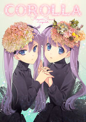  2girls blue_eyes commentary_request dress flower hair_flower hair_ornament hairband holding_hands interlocked_fingers long_hair long_sleeves multiple_girls original purple_hair siblings sisters takigawa_yuu turtleneck twins twintails 