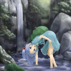  backpack bag bent_over blue_eyes blue_hair branch commentary_request dress female forest from_behind hair_bobbles hair_ornament hat hidarikata kawashiro_nitori key kneepits leaning_forward looking_at_viewer looking_back nature open_mouth pocket rock short_hair short_sleeves short_twintails skirt skirt_hold skirt_set sleeves_rolled_up smile soaking_hands solo standing touhou tree twintails two_side_up unworn_hat unworn_headwear wading water waterfall 