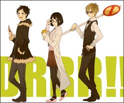  2boys bad_id bad_pixiv_id black_eyes black_hair blonde_hair bob_cut bow bowtie brown_eyes coat cosplay cup durarara!! female glasses hand_on_own_hip heiwajima_shizuo heiwajima_shizuo_(cosplay) kida_masaomi kishitani_shinra kishitani_shinra_(cosplay) knife komasawa_(fmn-ppp) multiple_boys necktie no_entry_sign one_eye_closed orihara_izaya orihara_izaya_(cosplay) pantyhose red_eyes road_sign ryuugamine_mikado short_hair sign skirt sonohara_anri sunglasses switchblade tuxedo vest 