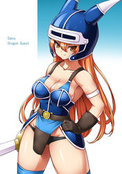  armor blue_armor breasts cleavage commentary_request cowboy_shot daisy_(dq) dragon_quest dragon_quest_yuusha_abel_densetsu fake_horns female gloves hand_on_own_hip helmet horned_helmet horns large_breasts long_hair no_pants onomeshin orange_eyes orange_hair panties photoshop_(medium) smile solo standing sword underwear warrior weapon 