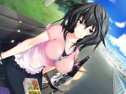  alcohol black_hair bottle breasts cloud day dutch_angle female impossible_clothes impossible_shirt jewelry kawagishi_keitarou large_breasts long_hair looking_at_viewer maji_de_watashi_ni_koi_shinasai! maji_de_watashi_ni_koi_shinasai!_s musashibou_benkei necklace purple_eyes sake shirt sitting sky 