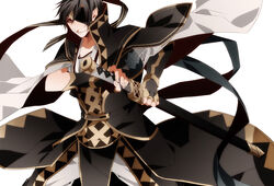  1boy bad_id bad_pixiv_id black_hair brown_eyes eyepatch gensou_suikoden gensou_suikoden_v georg_prime male_focus rasshel smile solo sword uniform weapon white_background 