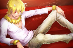  1boy blonde_hair bracelet commentary_request couch fate/zero fate_(series) gilgamesh_(fate) horns jewelry licking_lips male_focus momopanda official_alternate_costume red_eyes short_hair snake_print solo tongue tongue_out 