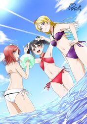  3girls :d absurdres armpits ayase_eli ball bibi_(love_live!) bikini black_hair blonde_hair blue_eyes blush breasts cleavage commentary_request criss-cross_halter cutie_panther floating_hair floral_print flower grey_eyes groin hair_between_eyes hair_flower hair_ornament halterneck hand_on_own_hip hibiscus_print highres holding holding_ball long_hair looking_back love_live! love_live!_school_idol_project medium_breasts multiple_girls navel nishikino_maki open_mouth orange_flower outdoors pretzel_bikini purple_bikini red_bikini red_eyes red_hair runi_(87025) side-tie_bikini_bottom small_breasts smile standing swimsuit twintails wading white_bikini white_flower yazawa_nico 