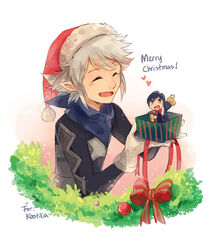  2boys :d ^_^ anocurry arm_up blue_hair bow box brown_eyes chibi christmas christmas_ornaments closed_eyes commentary_request english_text fire_emblem fire_emblem_awakening fire_emblem_fates gift gift_box gloves gradient_background hat heart holding holding_box kana_(fire_emblem) kana_(male)_(fire_emblem) long_sleeves male_focus merry_christmas morgan_(fire_emblem) morgan_(male)_(fire_emblem) multiple_boys open_mouth photoshop_(medium) pointy_ears pom_pom_(clothes) red_bow santa_hat simple_background smile waving weapon white_gloves 