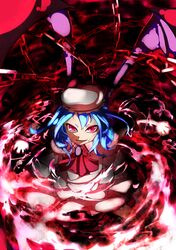  absurdres bad_id bad_pixiv_id bat_wings blue_hair brooch chains dress female glowing hat hat_ribbon highres jewelry miserable_fate momiji_oroshi red_eyes remilia_scarlet ribbon short_hair solo touhou wings 