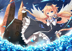  aata1007 blonde_hair blue_eyes braids dress flowers hat long_hair petals wings 