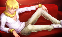  1boy blonde_hair bracelet commentary_request couch fate/zero fate_(series) gilgamesh_(fate) jewelry licking_lips male_focus momopanda official_alternate_costume photoshop_(medium) red_eyes short_hair snake_print solo tongue tongue_out 