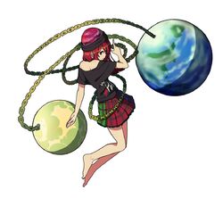  bad_id bad_twitter_id bare_arms bare_legs barefoot black_shirt chains closed_mouth clothes_writing earth_(ornament) female full_body hand_up hecatia_lapislazuli index_finger_raised miniskirt moon_(ornament) multicolored_clothes multicolored_skirt off-shoulder_shirt off_shoulder red_hair shirt shishi_osamu simple_background skirt solo t-shirt touhou white_background 