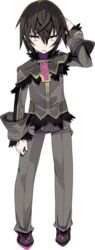  1boy arm_behind_head black_hair blade_(galaxist) commentary_request full_body killian_phegor lowres male_focus official_art pointy_ears pop-up_story shinigami solo st._feles_gakuen_uniform straight-on tachi-e transparent_background yellow_eyes 