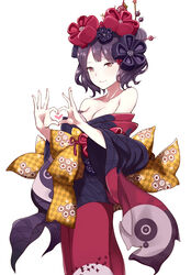  absurdres bare_shoulders breasts cleavage commentary_request fate/grand_order fate_(series) female hair_ornament heart heart_hands highres illusionk japanese_clothes katsushika_hokusai_(fate) kimono looking_at_viewer md5_mismatch medium_breasts off_shoulder purple_hair resolution_mismatch simple_background smile solo source_smaller white_background 