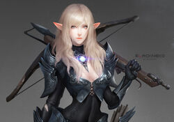  armor armored_boots artist_name blonde_hair boots bra breasts chainmail cleavage commentary covered_navel crossbow crossbow_bolt detached_collar dual_wielding elf female full_body green_eyes holding lace lace-trimmed_bra lace_trim lips long_hair medium_breasts neko_(314089734) original pauldrons photoshop_(medium) pointy_ears shoulder_armor skin_tight solo underwear vambraces wavy_hair weapon 