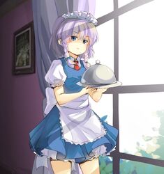  blue_eyes braid commentary_request female grey_hair highres izayoi_sakuya maid maid_headdress plate serving_dome short_hair solo touhou twin_braids zhao_shuwen 