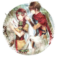  1boy ayda_(suikoden) belt braid brown_hair commentary_request copyright_name feather_(suikoden) female gensou_suikoden gensou_suikoden_ii griffin hair_over_shoulder headband highres kinnison_(suikoden) long_hair potassium77 scarf shiro_(suikoden) skirt tribal white_wolf wolf yellow_eyes 