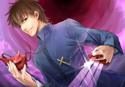  1boy black_keys_(type-moon) brown_eyes brown_hair commentary_request cross cross_necklace evil_smile fate/zero fate_(series) jewelry kotomine_kirei male_focus mask momopanda necklace pov_stabbing smile solo unworn_mask 