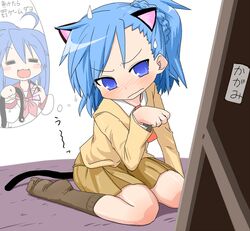  2girls animal_ears blue_eyes blue_hair cat_ears commentary_request izumi_konata lucky_star mirror miyakawa-ke_no_kuufuku miyakawa_hikage mole mole_under_eye multiple_girls school_uniform serafuku short_hair side_ponytail tail unyoon_(koorin) 