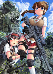  2girls ahoge armored_personnel_carrier armored_vehicle backpack bag bandaid bandaid_on_face black_hair blue_eyes blue_ribbon blush bmp-1 bmp-2 breasts brown_hair btr-80 cloud commentary_request day elbow_pads gloves ground_vehicle gun h&amp;k_mp7 hair_ribbon hairband hase_yu heckler_&amp;_koch holding holding_gun holding_weapon hugging_own_legs humvee knee_pads large_breasts long_hair medium_breasts military military_vehicle mk_12_spr motor_vehicle multiple_girls oerba_yun_fang one_eye_closed open_mouth original outdoors plaid plaid_skirt plant ponytail post-apocalypse red_hairband ribbon rifle school_uniform scope shirt short_hair short_sleeves skirt sky sniper_rifle submachine_gun sweater_vest thigh_strap trigger_discipline uaz-469 uniform vines weapon white_legwear white_shirt zsu-23-4 