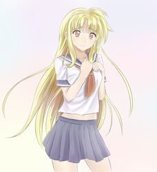  blonde_hair commentary_request fate_testarossa female long_hair lyrical_nanoha mahou_shoujo_lyrical_nanoha_strikers midriff navel pleated_skirt red_eyes school_uniform short_sleeves skirt solo sonyntendo tears white_background 