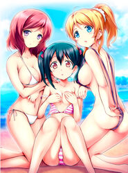  3girls areola_slip ass ayase_eli bad_id bad_pixiv_id bare_shoulders beach bibi_(love_live!) bikini black_hair blonde_hair blue_eyes breasts cameltoe cloud collarbone commentary_request covering_breasts covering_privates day girl_sandwich groin kashi kneeling large_breasts long_hair looking_at_viewer love_live! love_live!_school_idol_project multiple_girls navel nishikino_maki open_mouth outdoors ponytail purple_eyes red_eyes red_hair sandwiched side-tie_bikini_bottom sideboob sitting sky slingshot_swimsuit small_breasts striped_bikini striped_clothes swimsuit twintails water white_bikini yazawa_nico 