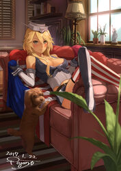  american_flag american_flag_legwear animal asymmetrical_legwear bare_shoulders blonde_hair blue_eyes blush breasts cactus canine carpet cleavage commentary_request couch crossed_legs dated day detached_sleeves elbow_gloves female fingerless_gloves flag_print front-tie_top garter_straps gloves hair_between_eyes headgear indoors iowa_(kancolle) kantai_collection lamp large_breasts looking_at_viewer miniskirt mismatched_legwear pajant plant signature skirt solo star-shaped_pupils star_(symbol) statue_of_liberty stola striped_clothes striped_thighhighs symbol-shaped_pupils thighhighs vertical-striped_clothes vertical-striped_thighhighs victory_(dog) window 