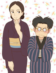  1boy black_hair blush brown_hair coke-bottle_glasses commentary_request couple crossed_arms female glasses height_difference husband_and_wife japanese_clothes jas_(littlecrime) kaze_tachinu kimono kurokawa_(kaze_tachinu) mrs._kurokawa obi photoshop_(medium) sash short_hair smile standing straight 