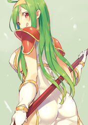  :q armor ass bad_id bad_pixiv_id breasts carrie_(sennen_sensou_aigis) female from_behind gloves green_hair hairband highres katou_itsuwa large_breasts long_hair looking_at_viewer looking_back pauldrons polearm red_eyes sennen_sensou_aigis shoulder_armor side_slit sideboob solo tongue tongue_out weapon white_gloves 