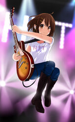  bad_id bad_pixiv_id boots brown_eyes brown_hair clothes_writing commentary_request denim earbuds earphones electric_guitar female gibson_brands_inc gibson_les_paul guitar hair_ornament hairclip highres hirasawa_yui in-ear_earphones instrument jeans jumping k-on! knee_boots pants shirt short_hair solo spotlight stage t-shirt ultimate_ears zvuc 