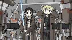  2girls alternate_universe b1_battle_droid black_eyes black_hair blonde_hair blue_eyes chito_(shoujo_shuumatsu_ryokou) clothing_request confederacy_of_independent_systems cosplay energy_sword highres holding holding_sword holding_weapon jaggy_lines jedi lightsaber long_hair multiple_girls obi-wan_kenobi obi-wan_kenobi_(cosplay) open_mouth qui-gon_jinn qui-gon_jinn_(cosplay) shoujo_shuumatsu_ryokou standing star_wars star_wars:_the_phantom_menace sword tsukumizu_yuu twintails v-shaped_eyebrows weapon yuuri_(shoujo_shuumatsu_ryokou) 