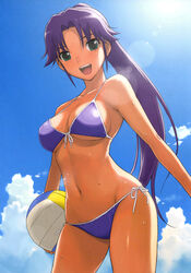  :d absurdres asuka_(dream_c_club_zero) ball bikini blue_bikini blue_sky breasts carrying carrying_against_hip carrying_under_arm cleavage cloud contrapposto cowboy_shot day dream_c_club dream_c_club_(series) dream_c_club_zero dutch_angle female from_below front-tie_bikini_top front-tie_top green_eyes groin halterneck highres holding holding_ball large_breasts lens_flare long_hair mole mole_under_eye morisawa_haruyuki navel open_mouth outdoors photoshop_(medium) ponytail purple_hair scan side-tie_bikini_bottom sidelocks sky smile solo standing string_bikini swimsuit teeth underboob upper_teeth_only volleyball volleyball_(object) wet 