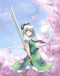  anger_vein blue_eyes blush cherry_blossoms commentary_request female grey_hair katana konpaku_youmu konpaku_youmu_(ghost) looking_at_viewer petals short_hair solo sweatdrop sword touhou weapon white_hair yuki_shizuku 