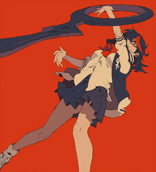  bad_id bad_pixiv_id black_hair female jacket kill_la_kill kotake_(tuvaru) letterman_jacket limited_palette matoi_ryuuko photoshop_(medium) red_background scissor_blade_(kill_la_kill) short_hair skirt solo weapon 