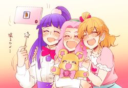  3girls :d asahina_mirai blonde_hair blush bow braid cellphone closed_eyes commentary_request hairband half_updo hanami_kotoha highres izayoi_liko long_hair mahou_girls_precure! mofurun_(mahou_girls_precure!) multiple_girls open_mouth phone pink_hair precure purple_hair selfie smartphone smile sorato_(astllatte) star_wand tablet_pc taking_picture translation_request wand 