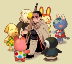  1boy animal_crossing apollo_(animal_crossing) apple_(animal_crossing) beard bird black_hair brown_background bunnie_(animal_crossing) canine commentary_request crossover facial_hair feline gloom_(expression) golden_kamuy goldie_(animal_crossing) hair_slicked_back hamster holding holding_weapon imperial_japanese_army long_sleeves military military_uniform ogata_hyakunosuke penguin rabbit rosie_(animal_crossing) scar scar_on_cheek scar_on_face shaded_face short_hair simple_background siratan tex_(animal_crossing) unamused undercut uniform weapon 